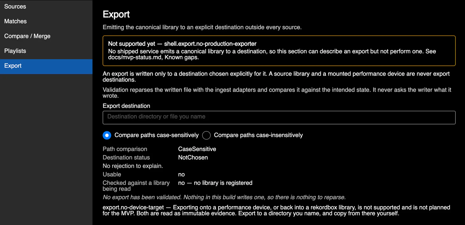 The Export screen of Buried Lies, reporting shell.export.no-production-exporter, an empty export destination field, case-sensitive path comparison, and the export.no-device-target rule that exporting onto a performance device or back into a rekordbox library is not supported.