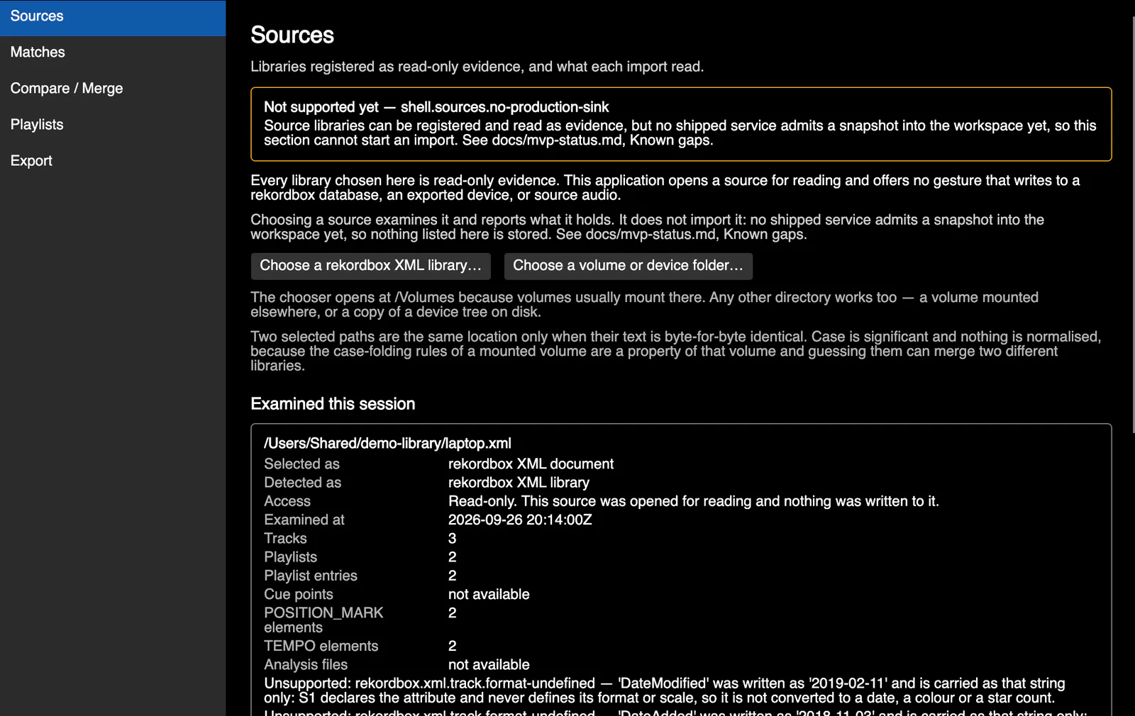 The Buried Lies desktop application on its Sources screen, with the Sources, Matches, Compare / Merge, Playlists and Export navigation down the left edge. The screen reports a rekordbox XML library it has examined: detected format, a read-only access note, counts of tracks, playlists, POSITION_MARK and TEMPO elements, and a list of attributes carried as raw strings because their format is undefined.