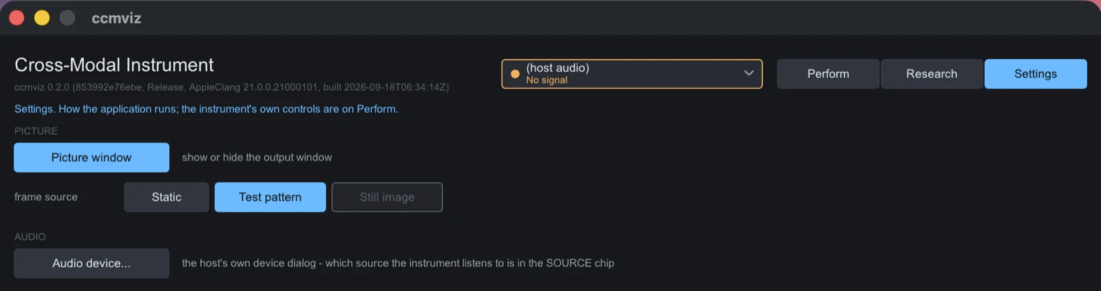 The Settings surface of the Cross-Modal Instrument, showing a Picture window toggle and a frame source row with three options — Static, Test pattern (selected) and Still image, which is greyed out and unavailable — above an Audio device button noting that the host owns the device.