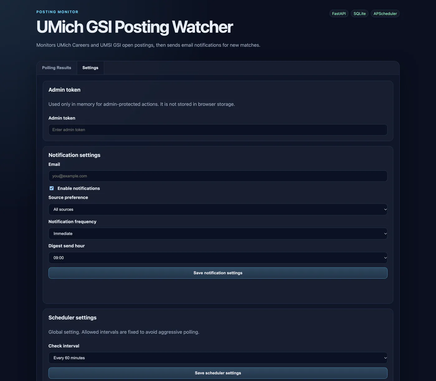 The Settings tab of GSI Posting Watcher, showing an empty admin token field, notification settings for email, source preference, immediate or daily-digest frequency and digest hour, and a scheduler check interval fixed to one of a small set of allowed values.